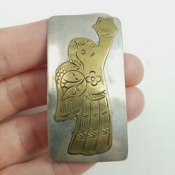Vintage Two Tone Metal Angel Brooch, Silver Tone Rectangle Lapel PIn, Holiday - Picture 2 of 6